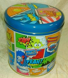 Scatola rotonda in latta con fumetti.