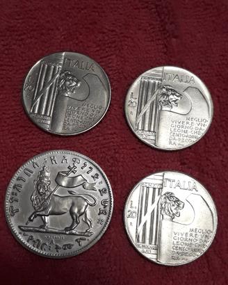 Antica moneta etiope 1888 e 3 monete Benito Mussol