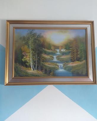 Quadro paesaggio con cascata e tramonto