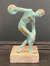Statua Discobolo Bronzo Patinato Base Marmo h13,5