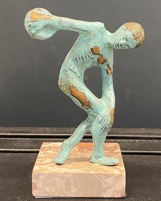 Statua Discobolo Bronzo Patinato Base Marmo h13,5