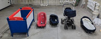 culla, passeggino trio e seggiolino.