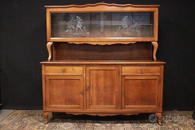 CREDENZA IN LEGNO E VETRO DECORATO