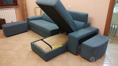 Divano con penisola box e letto estraibile blu