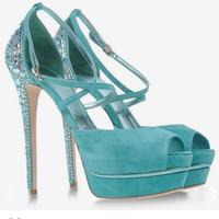 sandali in suede color tiffany con strass specchi 