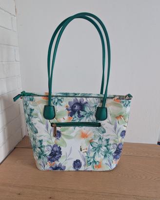 Borsa shopping floreale con dettagli verdi