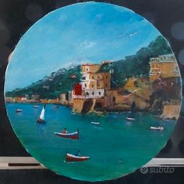 quadro acrilico su tamburella napoletana in legno