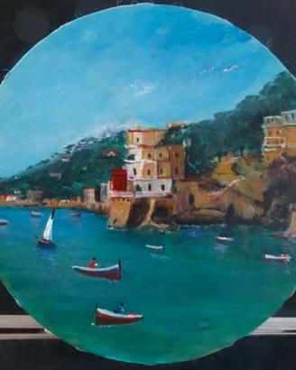 quadro acrilico su tamburella napoletana in legno