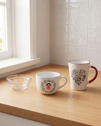 2 tazze in ceramica decorate e ciotola in vetro Du