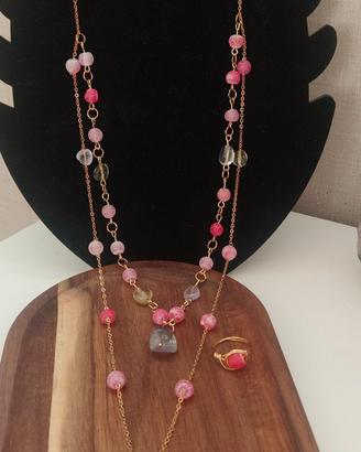 set collana doppia bracciale anelli agata quarzo