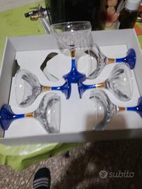 Servizio 6 Coppe Vetro Blu Oro Nuove con Scatola