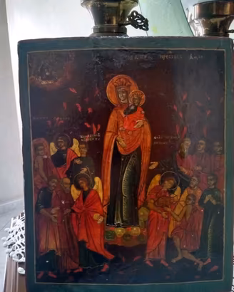 Antica icona Russa dipinta Madonna tra i Santi 