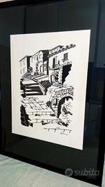 Disegno a china vintage firmato 1974 - paesaggio