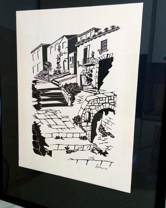 Disegno a china vintage firmato 1974 - paesaggio