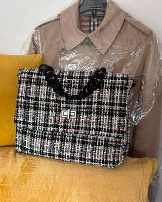 Borsa a spalla tweed bianco nero con tracolla