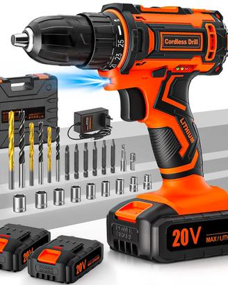 Trapano Avvitatore a Batteria 20V, 2 Batterie 2.0A