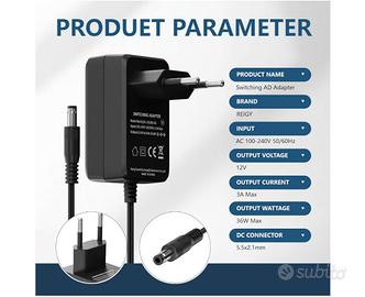 Adattatore 12V 3A Universale per LED, DVR, Monitor