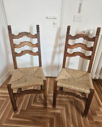 Sei 6 sedie d'epoca in legno massello impagliate