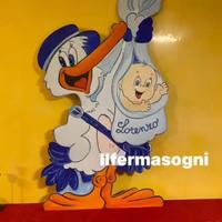 Cicogna in legno fiocco annuncio nascita