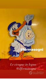 Cicogna in legno fiocco annuncio nascita