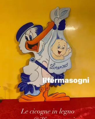 Cicogna in legno fiocco annuncio nascita