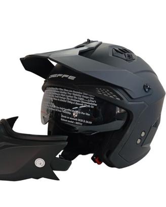 Casco moto jet TRIAL/motard nero opaco con mentoni