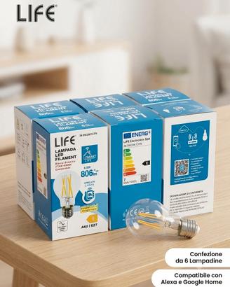 6 lampadine led smart E27 filamento Alexa/google