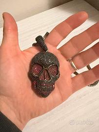 Collana con pendente Teschio zirconi neri e rossi