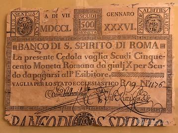 Cedola 500 Scudi 1786 Banco S.Spirito Pio VI raro