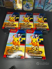 Lotto 5 Box x 6 bustine Pokémon 30° Anniversario
