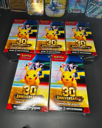 Lotto 5 Box x 6 bustine Pokémon 30° Anniversario