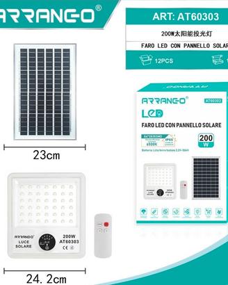 " Faro LED con Pannello Solare 200W Telecomando IP