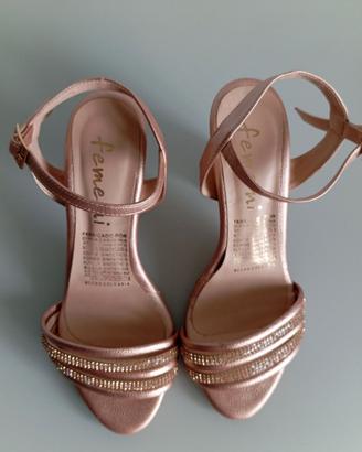 Sandali Femeni Rosa Oro con Tacco e Strass