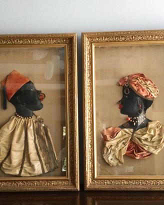 Due quadri profili orientalisti in cuoio e stoffa