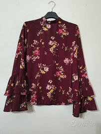 Blusa floreale bordeaux manica lunga