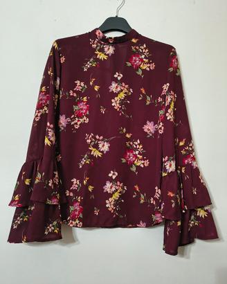 Blusa floreale bordeaux manica lunga