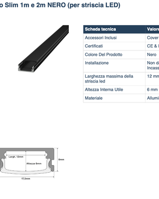 Profilo LED Slim 2m NERO (9 pezzi)