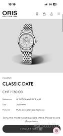 Oris Classic Date 28mm automatico Nuovo!