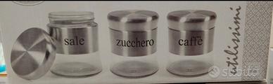 tris barattoli zucchero caffè sale in vetro 