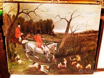 Dipinto ad olio su tavola caccia alla volpe