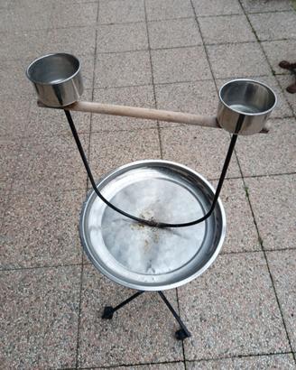 Trespolo per pappagalli con mangiatoie in acciaio