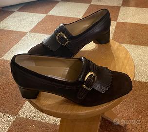 Scarpe décolleté 37 frangia fibbia pelle/camoscio