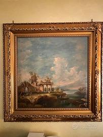 Quadro paesaggio con cornice dorata 110x110 cm