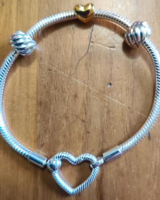 Bracciale Pandora con clip piume+ mini charm cuore