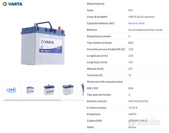 Batteria Auto Varta 45 Ah nuova