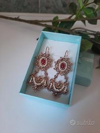 Orecchini antichi oro rosa con rubini e perle