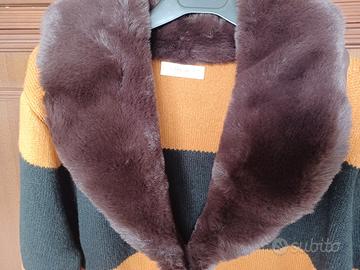 Cappotto, nuovo da donna a righe nere e senape, co