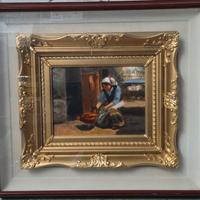 Dipinto Antico Olio Su Tavola  Firmato 