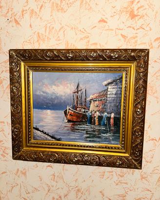 Dipinto a Olio su Tela "Marina al Porto"