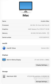 imac 27'' 5k 2020 core i9 Radeon Pro 5700XT 16GB